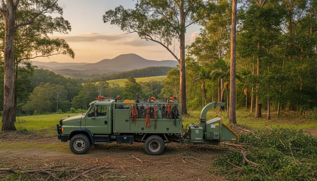 Noosa Arborist work truck and wood chipper on site in the Noosa